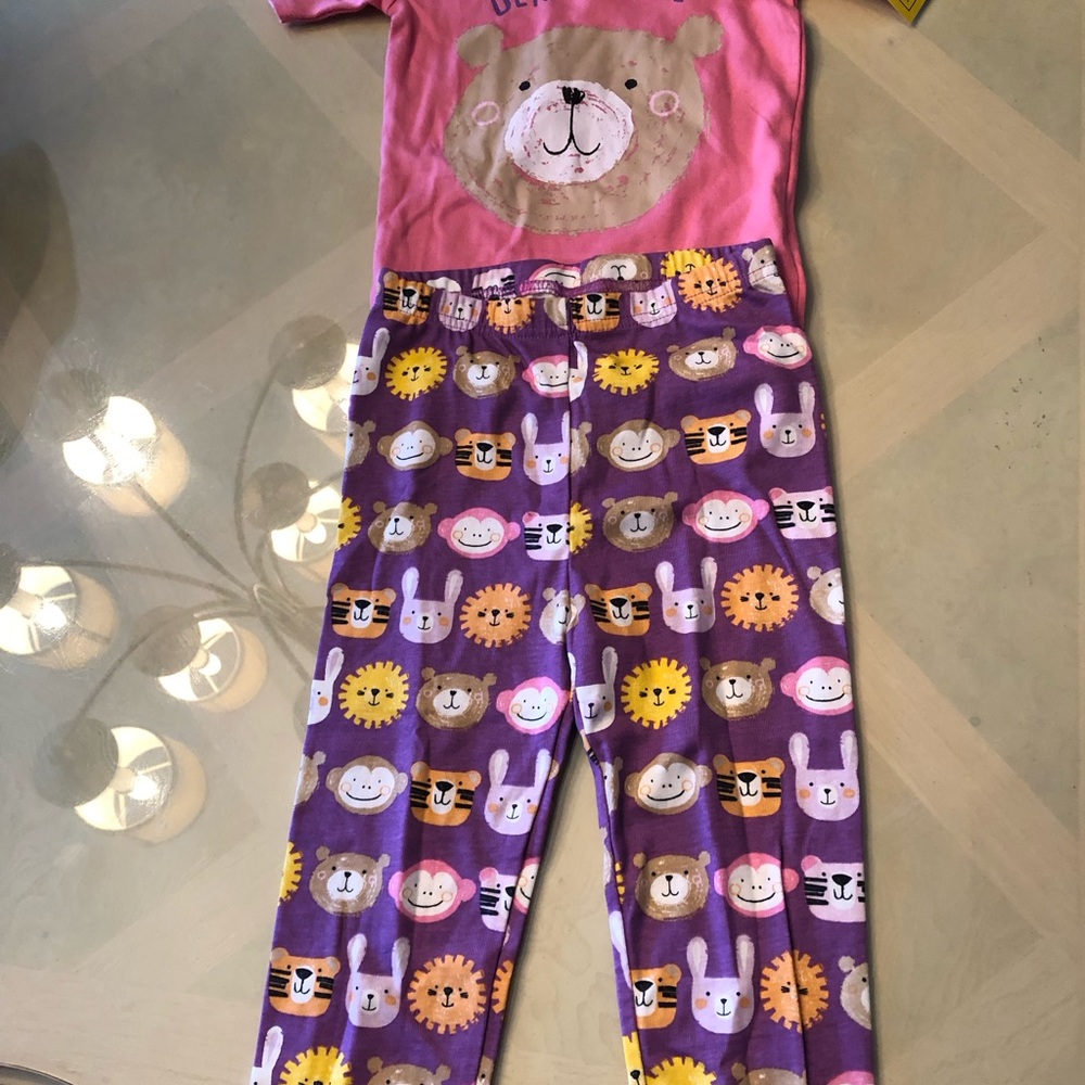 Girls Pink Bear Top & Purple Animal Face Pajama Set